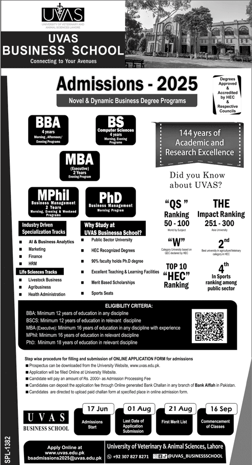 Admission Open in UVAS Business School Lahore